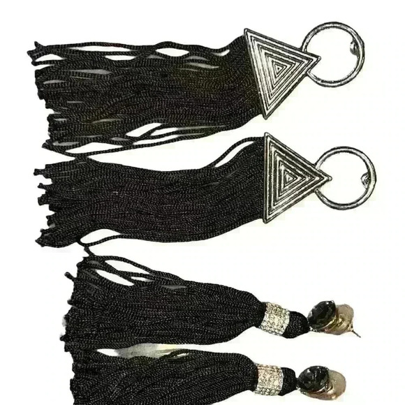 Black‎ Tassel Earrings Silver Backs Included Funky Fun Party Vacation - Picture 1 of 9